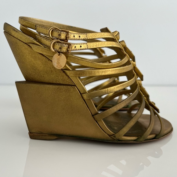 YVES SAINT LAURENT BRONZE GOLD GLADIATOR WEDGE SANDALS SIZE IT 37.5 / US 7.5 - Picture 8 of 17